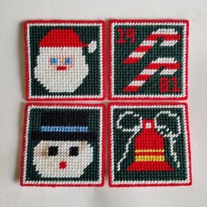 Vintage Needlepoint‎ Christmas Coasters Santa Snowman 1981